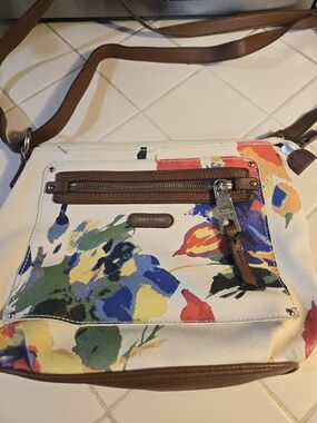 Dana Buchman White Floral Crossbody with Brown Trim